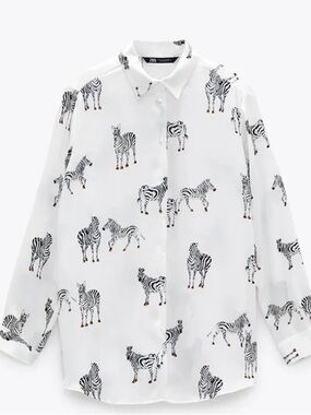 Zara Over Size White Satin Button-Down Shirt with Black Zebra Print